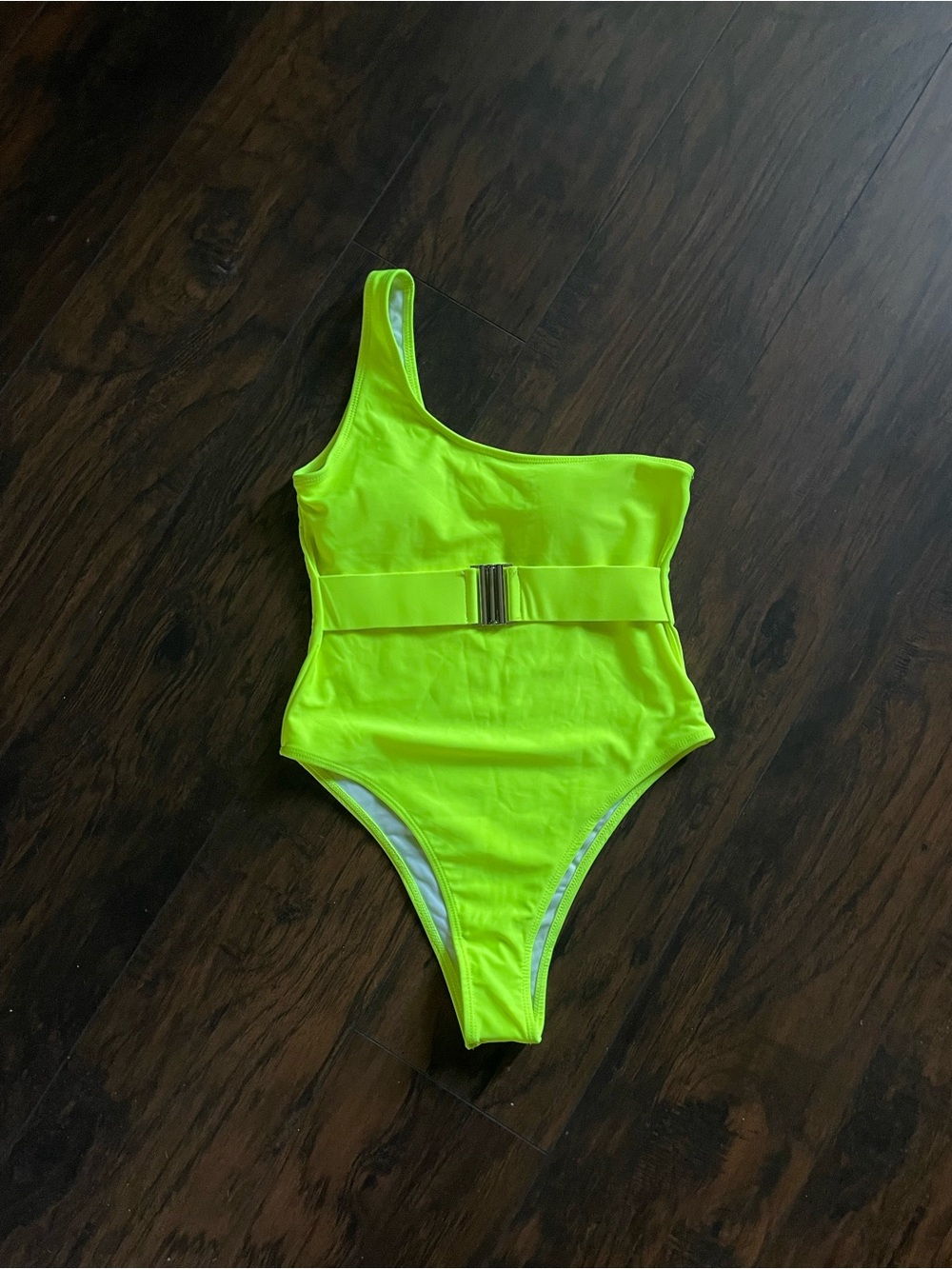 Women Neon Lime One-Shoulder One-Piece Swimsuit with Belt